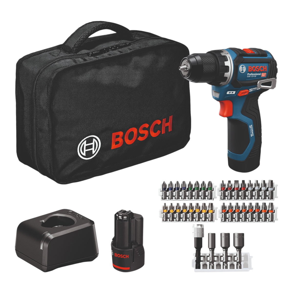Taladro atornillador a batería Bosch GSR 12V-32 Professional, 12 V, 32 Nm, sin escobillas (06019N7004) + 2 baterías de 2,0 Ah + cargador + 36 piezas de accesorios + bolsa