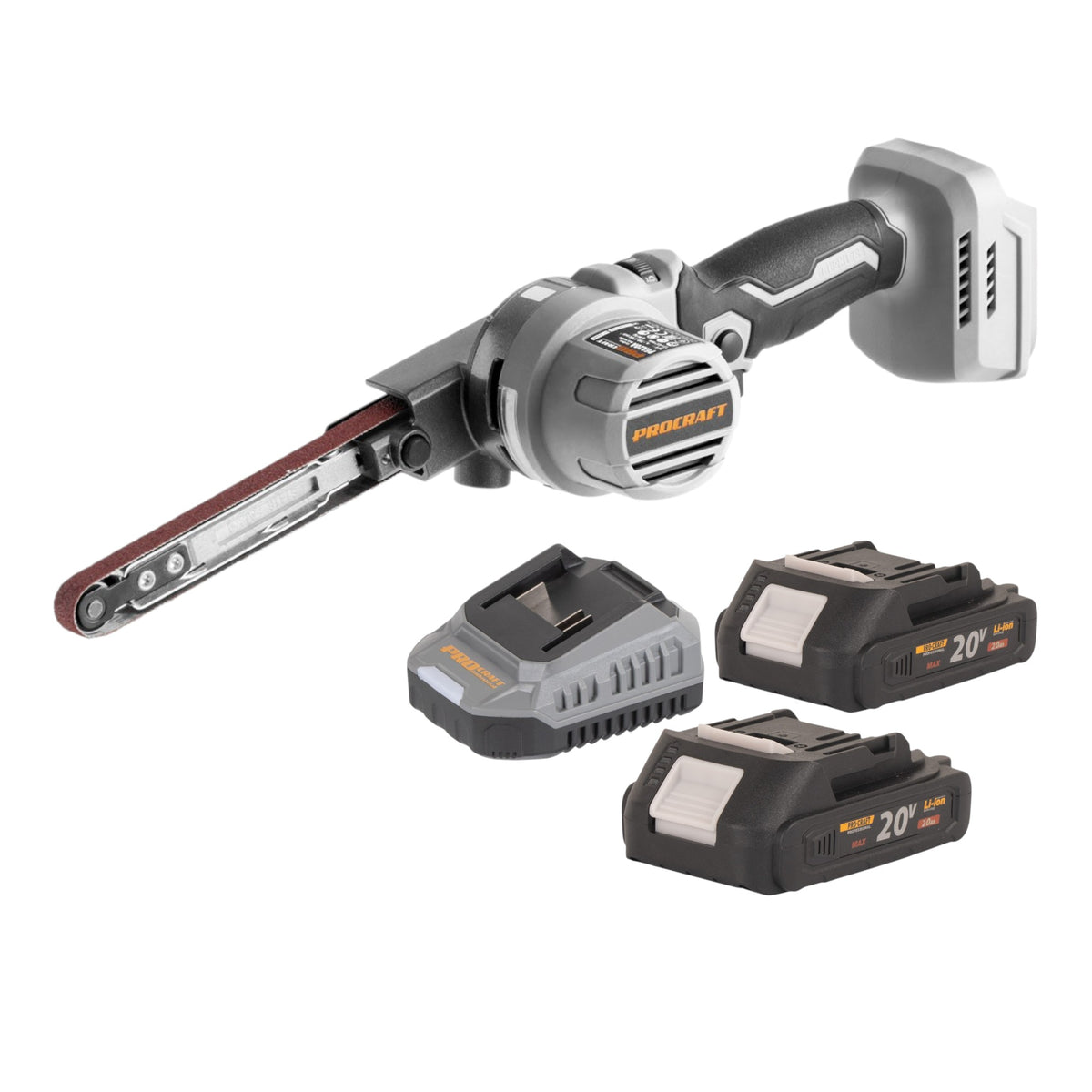 Lijadora de cinta a batería ProCraft Industrial PFA20A-BB de 20 V, 13 x 457 mm, sin escobillas + 2 baterías de 2,0 Ah + cargador