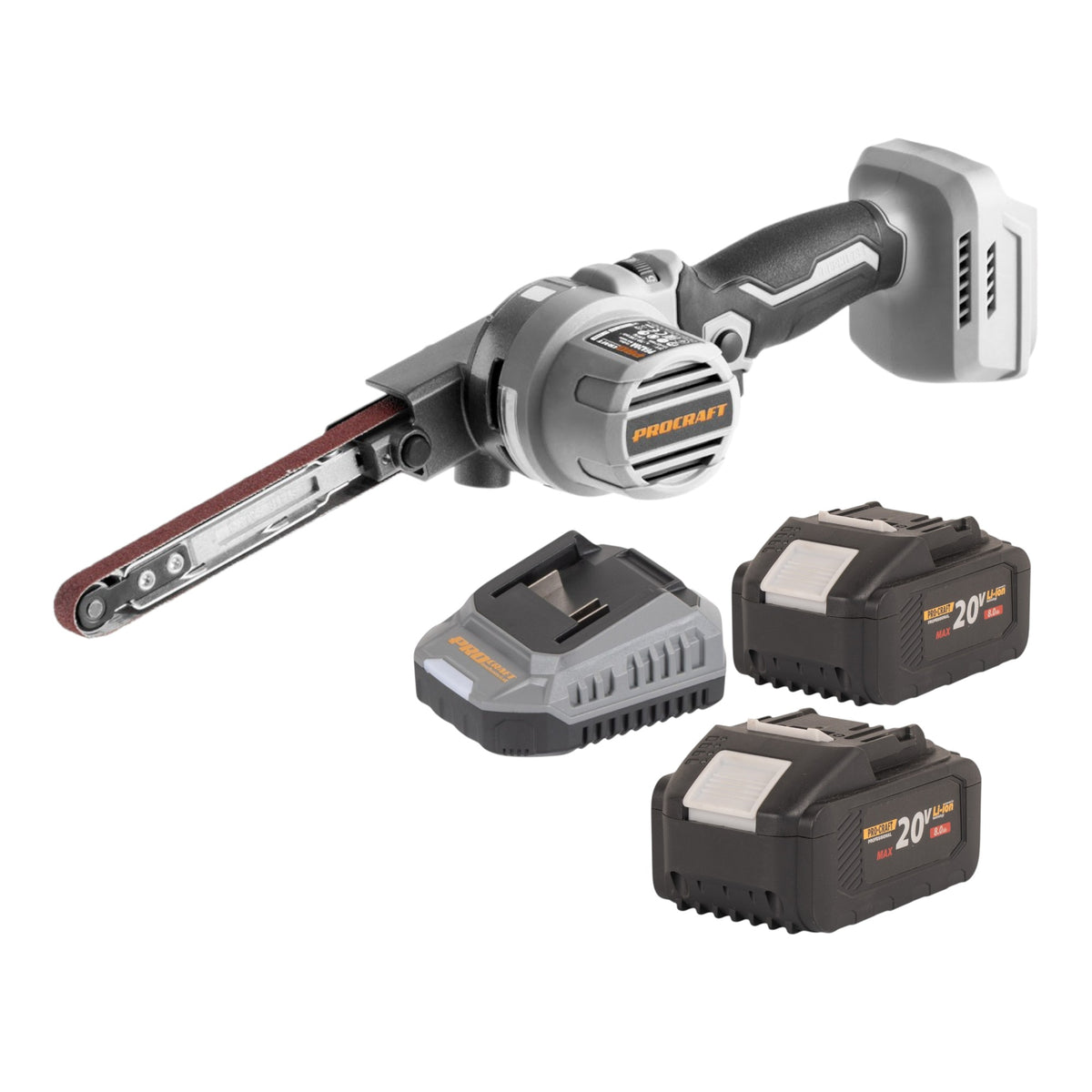 Lijadora de cinta a batería ProCraft Industrial PFA20A-BB de 20 V, 13 x 457 mm, sin escobillas + 2 baterías de 8,0 Ah + cargador