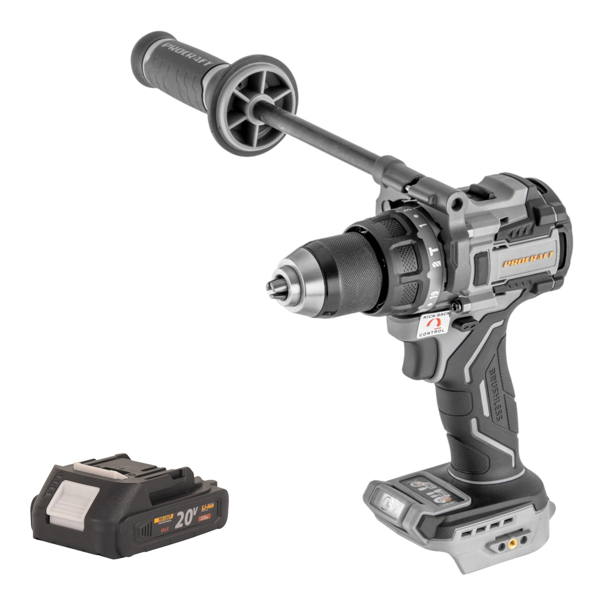 Taladro atornillador de percusión a batería ProCraft Industrial CD20C-BB de 20 V y 120 Nm sin escobillas + 1 batería de 2,0 Ah - sin cargador