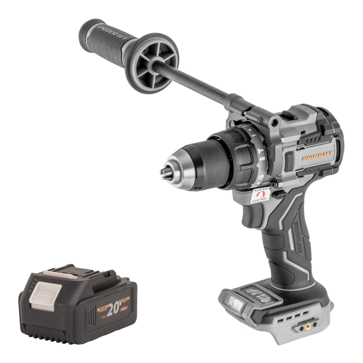 Taladro atornillador de percusión a batería ProCraft Industrial CD20C-BB de 20 V, 120 Nm, sin escobillas + 1 batería de 4,0 Ah - sin cargador