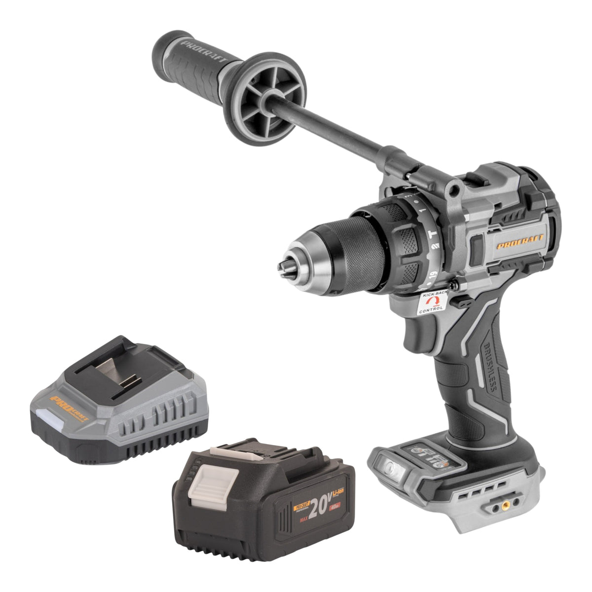 Taladro atornillador de percusión a batería ProCraft Industrial CD20C-BB, 20 V, 120 Nm, sin escobillas + 1 batería de 4,0 Ah + cargador
