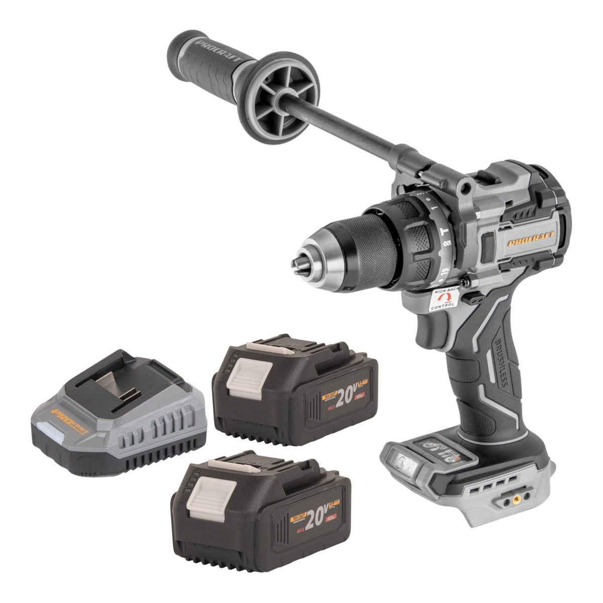 Taladro atornillador de percusión a batería ProCraft Industrial CD20C-BB de 20 V, 120 Nm, sin escobillas + 2 baterías de 4,0 Ah + cargador