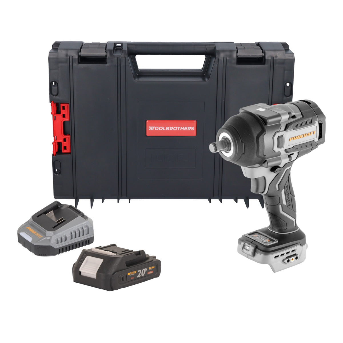 Atornillador de impacto a batería ProCraft Industrial IW850A-BB de 20 V, 850 Nm, 1/2", sin escobillas + 1 batería de 2,0 Ah + cargador + maletín RHINO