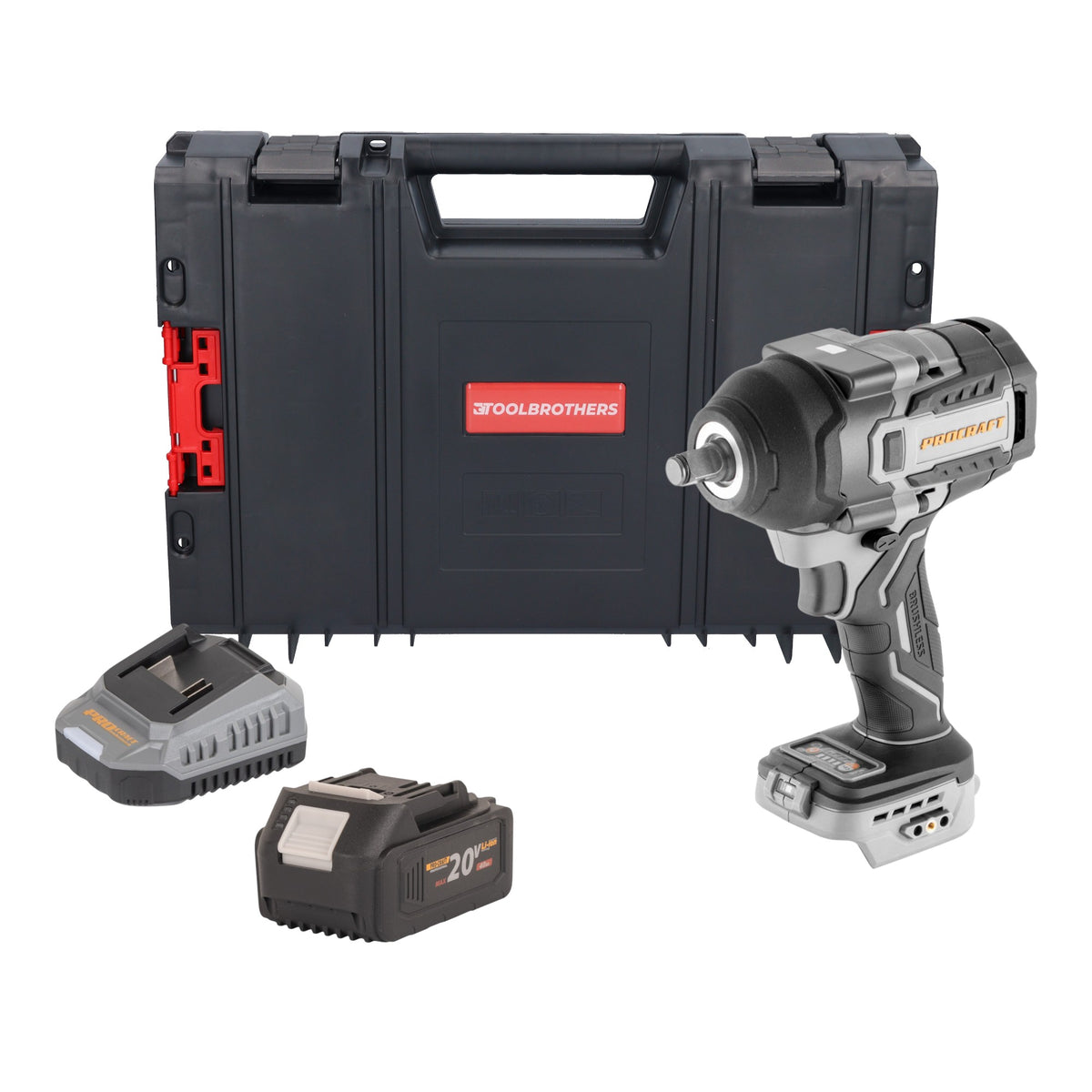 Atornillador de impacto a batería ProCraft Industrial IW850A-BB de 20 V, 850 Nm, 1/2", sin escobillas + 1 batería de 4,0 Ah + cargador + maletín RHINO