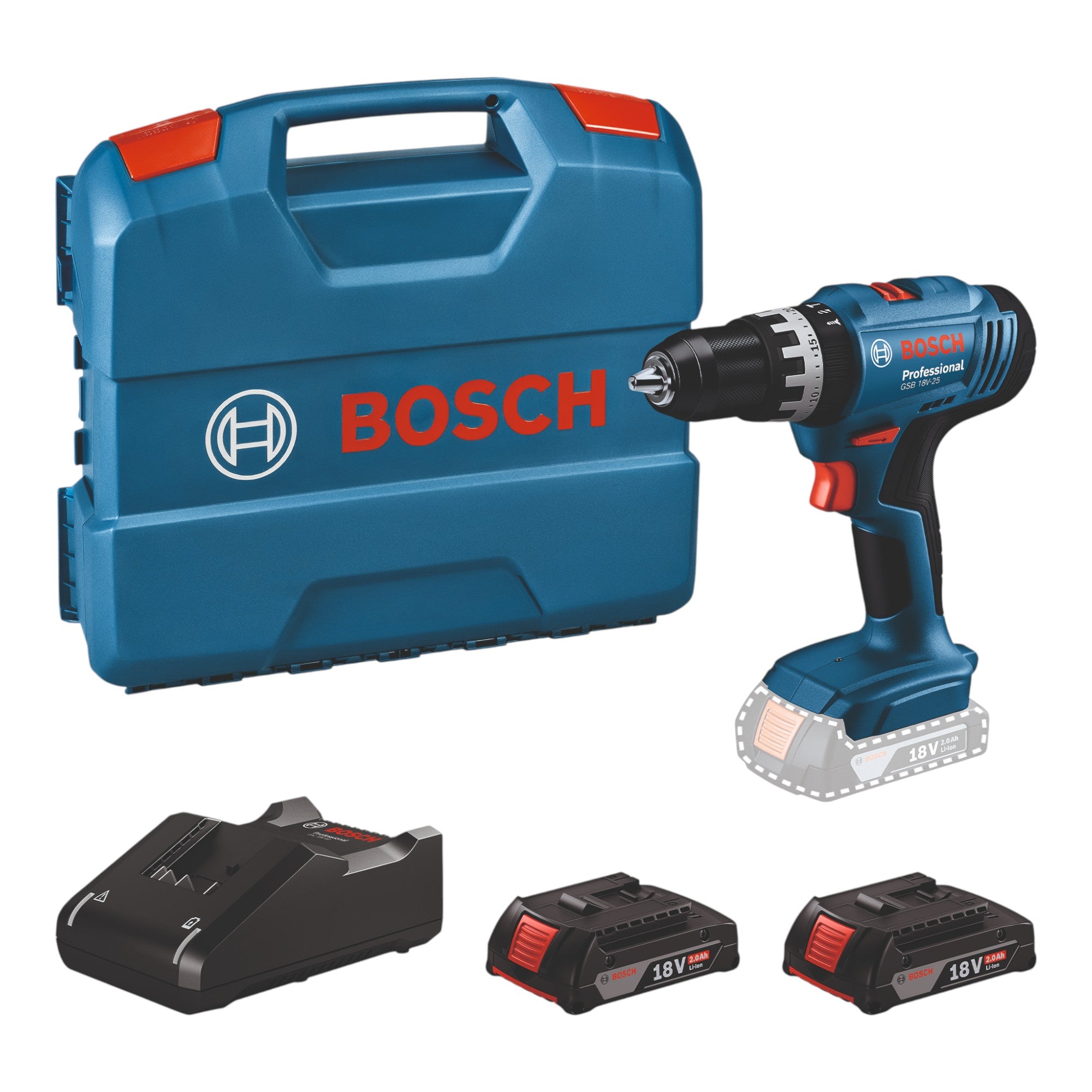 Bosch GSB 18V 25 Professional Akku Schlagbohrschrauber 18 V 56 Nm 06019K9351 2x Akku 2 0 Ah Ladegeraet L Case 0 - toolbrothers