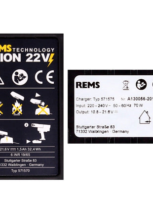 REMS Akku Set Power Pack 21,6V (22V max) mit 2x Akku 1,5Ah + Ladegerät 90W ( 571585 ) - Toolbrothers