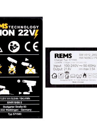 REMS Akku Set Power Pack 21,6V (22V max) mit 2x Akku 9,0Ah + Ladegerät 90W ( 571592 ) - Toolbrothers