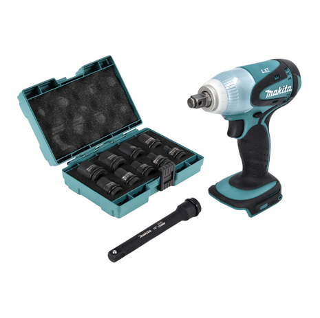 Makita DTW 251 Z Akku Schlagschrauber 18 V 230 Nm 1/2" + 9 tlg. Steckschlüssel Set + Verlängerung 150 mm - Toolbrothers