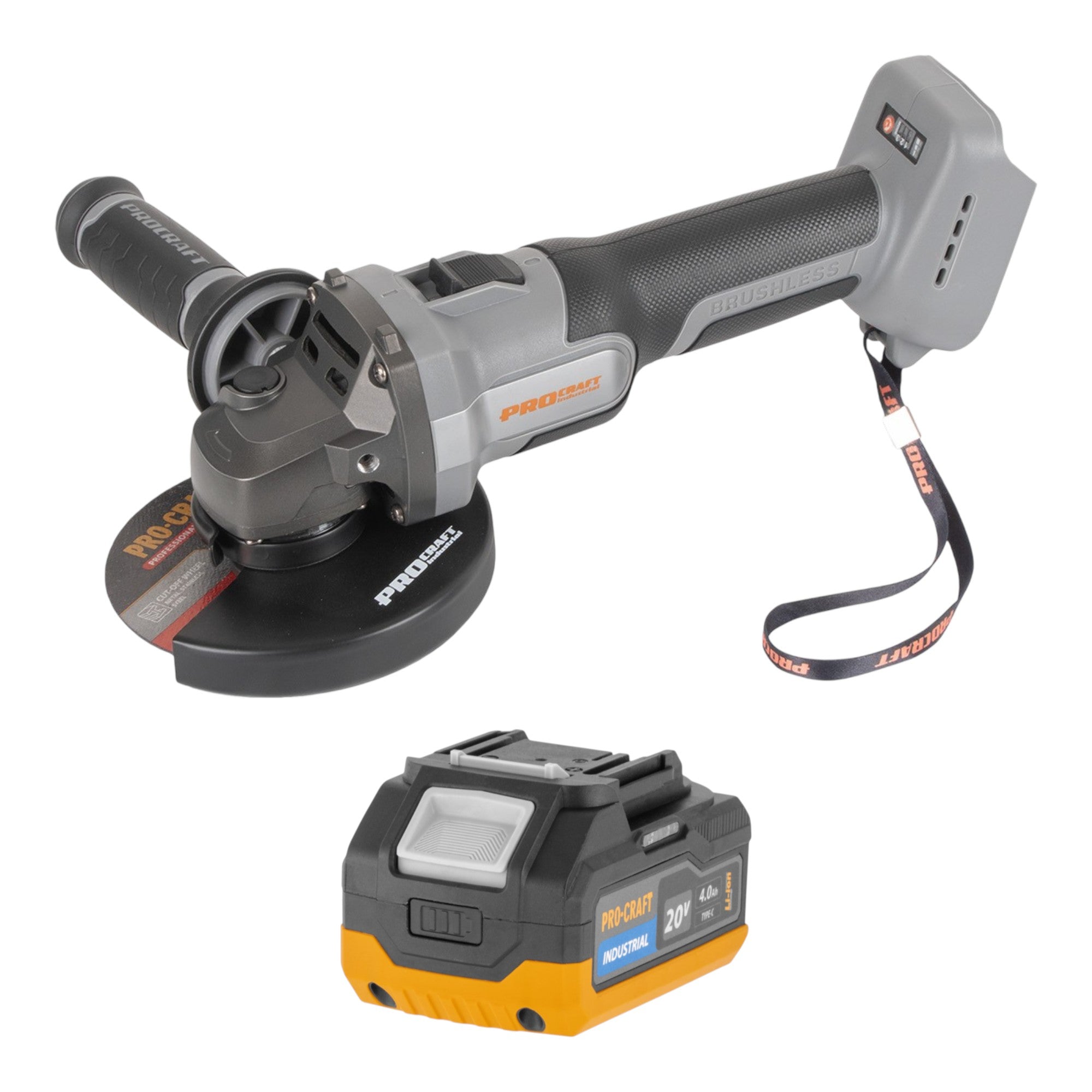 Procraft Industrial AG125Abb Akku Winkelschleifer 20 V 125 mm Brushless 1x Akku 4 0 Ah ohne Ladegeraet 0 - toolbrothers