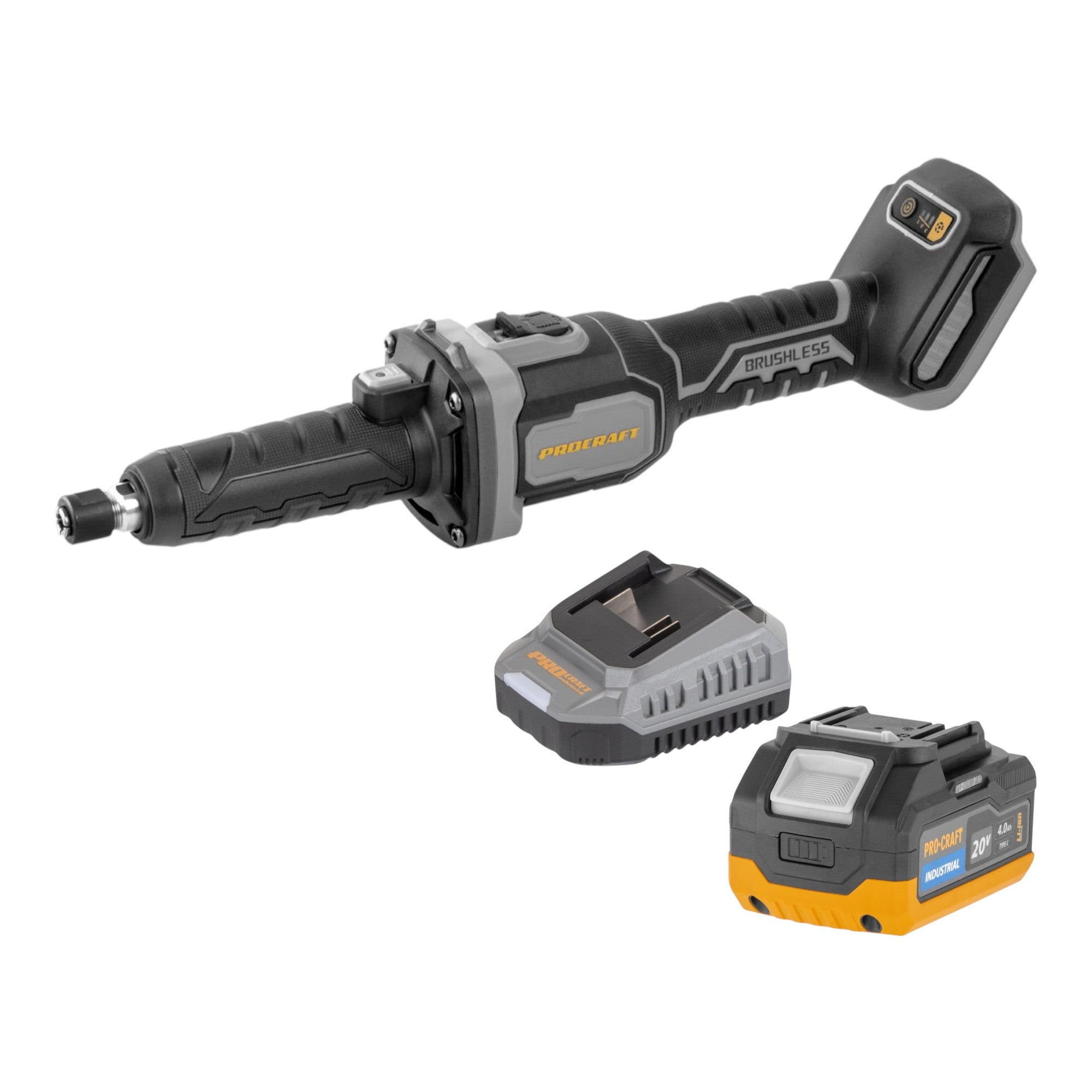 Procraft Industrial DG20A BB Akku Geradschleifer 20 V 6 mm Brushless 1x Akku 4 0 Ah Ladegeraet 0 - toolbrothers