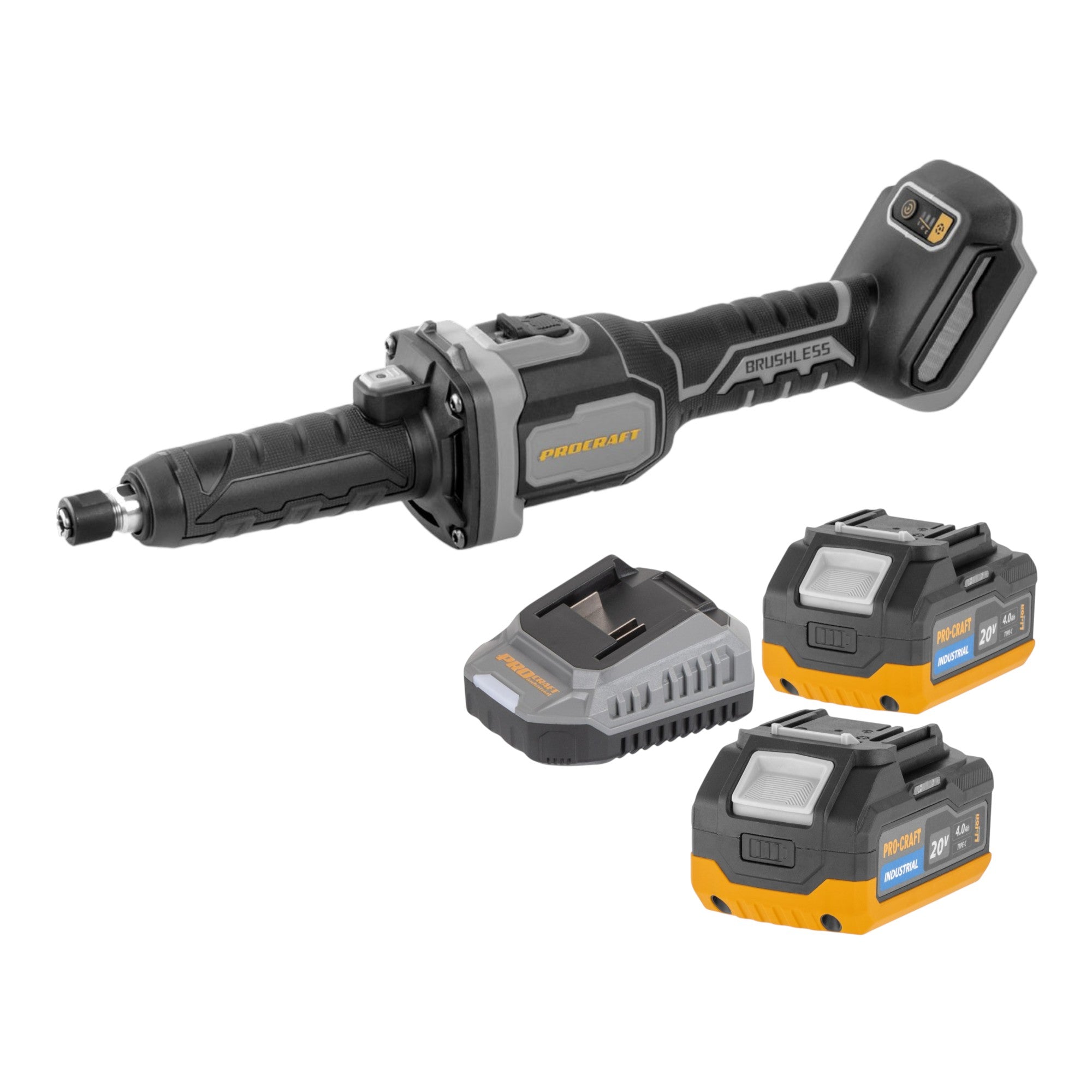 Procraft Industrial DG20A BB Akku Geradschleifer 20 V 6 mm Brushless 2x Akku 4 0 Ah Ladegeraet 0 - toolbrothers