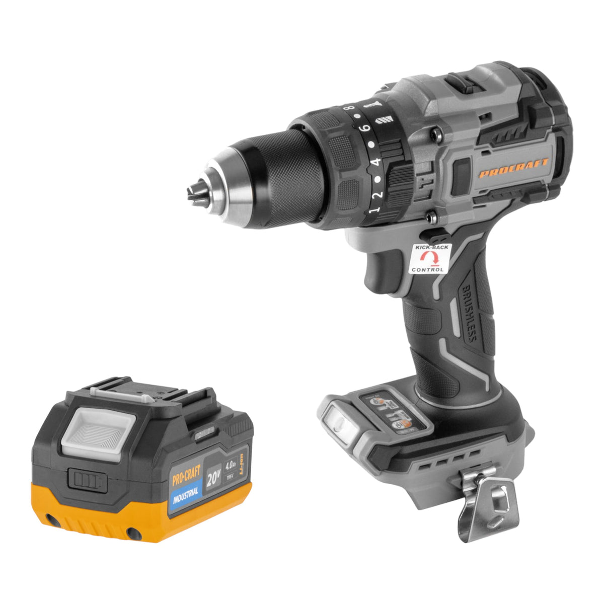 Taladro atornillador de percusión a batería Procraft Industrial CD20B-BB de 20 V y 150 Nm, sin escobillas, modelo Solo —sin batería ni cargador—