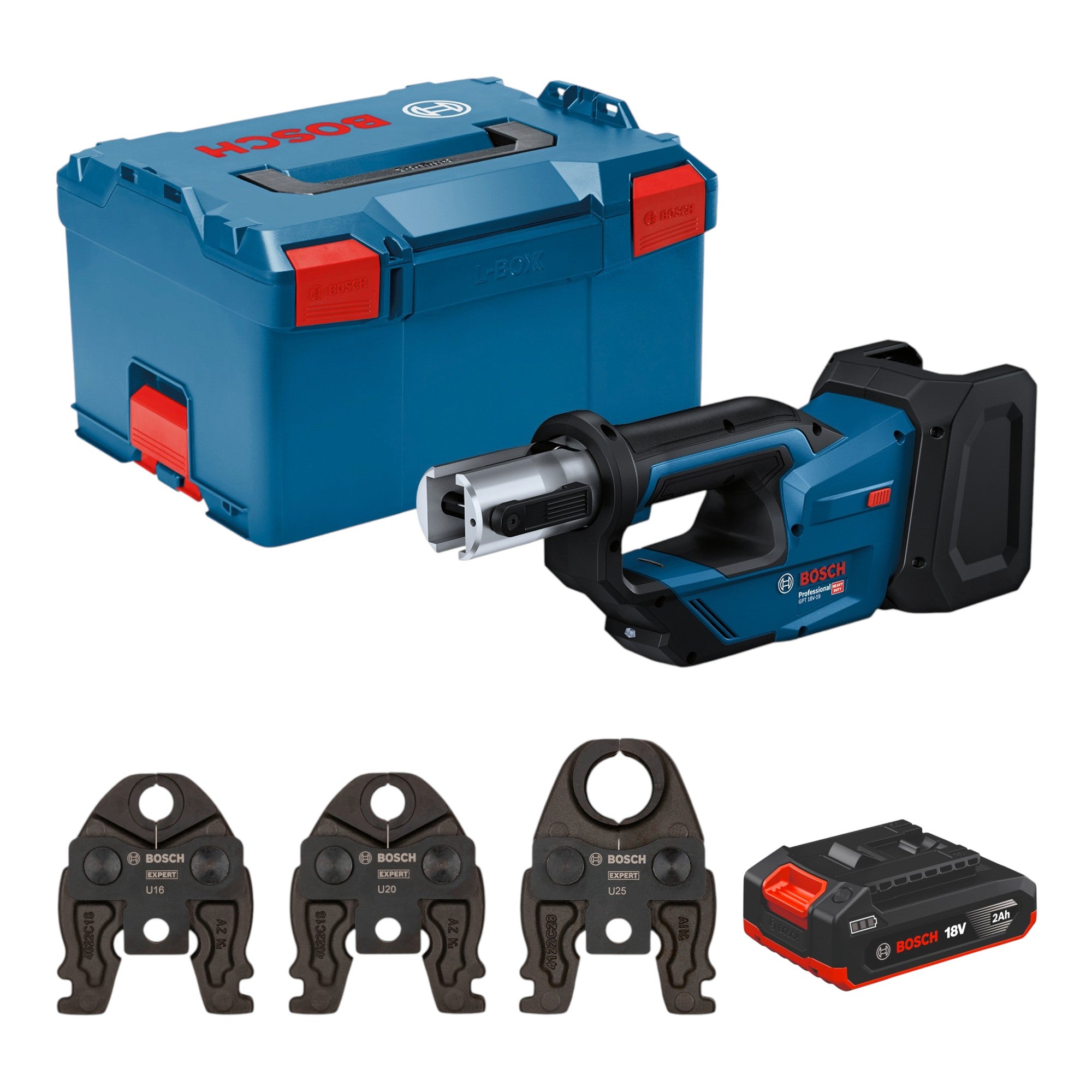 Bosch GPT 18V 19 Professional Akku Presswerkzeug 18 V 21 kN 1x Akku 2 0 Ah 3x Pressbacke L Boxx ohne Ladegeraet 0 - toolbrothers