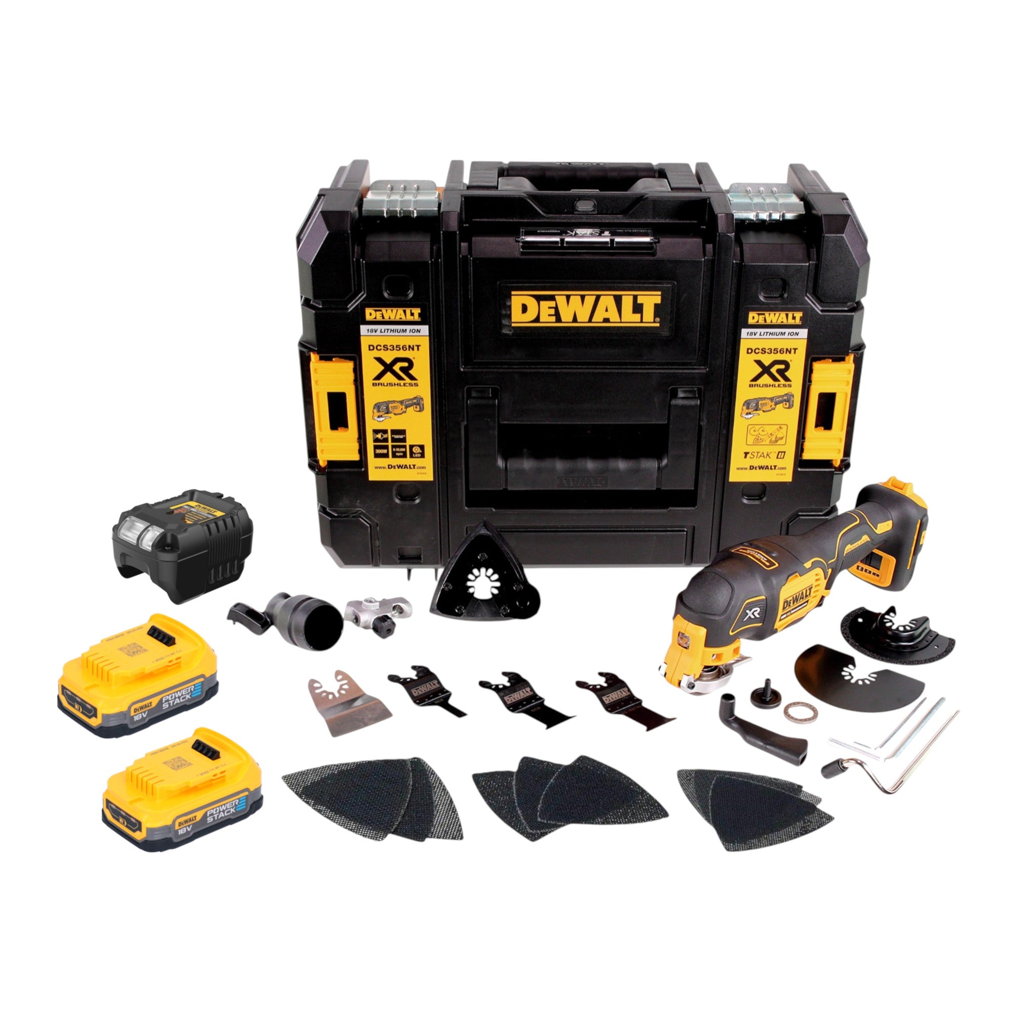 DeWalt DCS 356 E2T Akku Multitool 18 V Brushless 2x Powerstack Akku 1 7 Ah Ladegeraet 20 tlg Zubehoer TSTAK 0 - toolbrothers