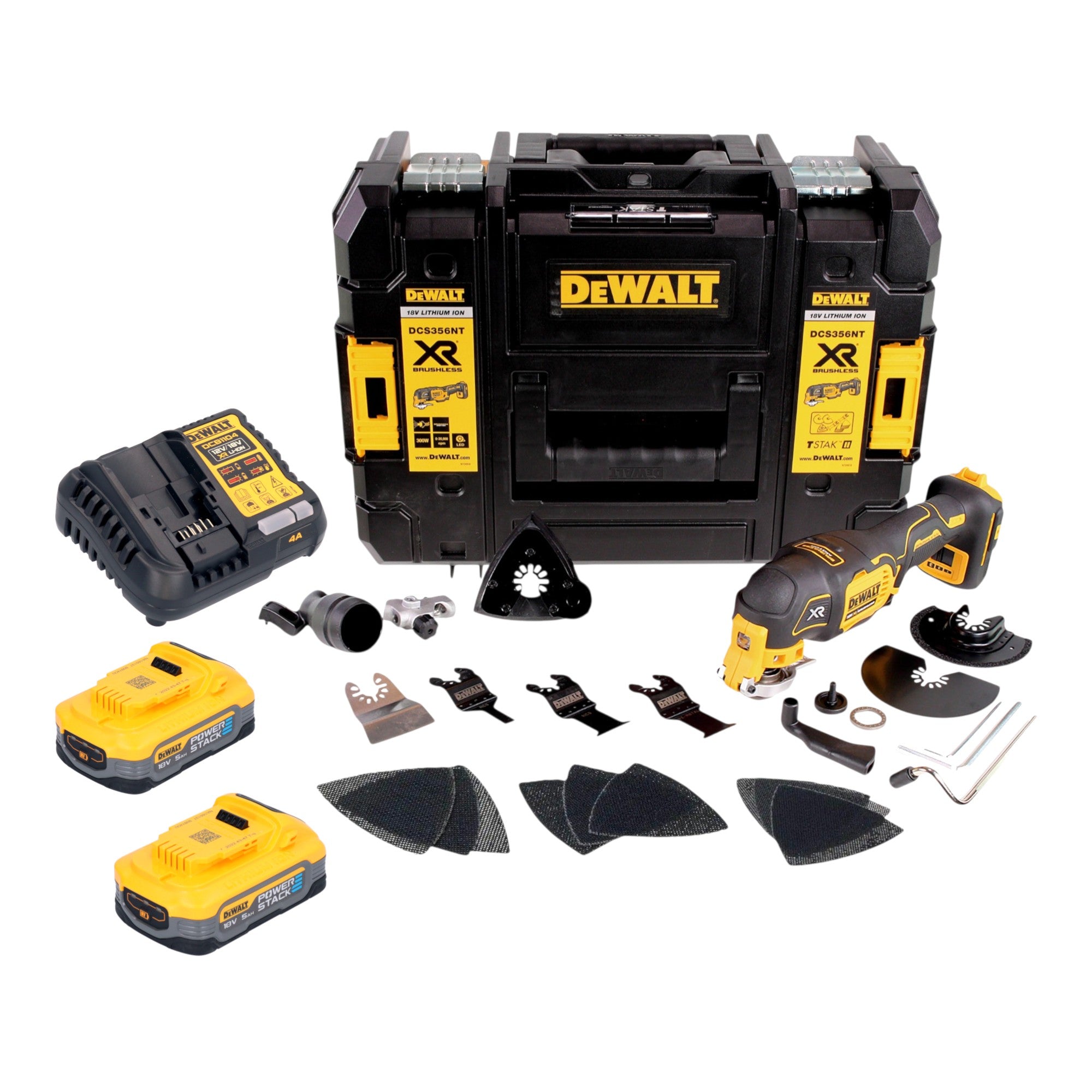 DeWalt DCS 356 H2T Akku Multitool 18 V Brushless 2x Powerstack Akku 5 0 Ah Ladegeraet 20 tlg Zubehoer TSTAK 0 - toolbrothers