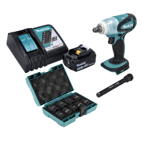 Makita DTW 251 RF1 Akku Schlagschrauber 18 V 230 Nm 1/2" + 1x Akku 3,0 Ah + Ladegerät + 9 tlg. Steckschlüssel Set + Verlängerung 150 mm - Toolbrothers