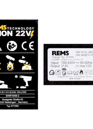 REMS Akku Set Power Pack 21,6V (22V max) mit 1x Akku 9,0Ah ( 571583 R22 ) + Ladegerät 90W ( 571585  R220 ) - Toolbrothers