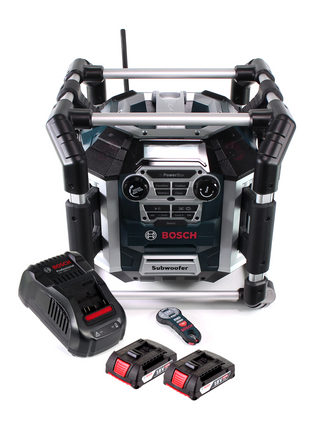 Bosch GML 50 cargador de radio de batería radio de obra 18V 50W IP54 + 2x baterías 2.0Ah + cargador