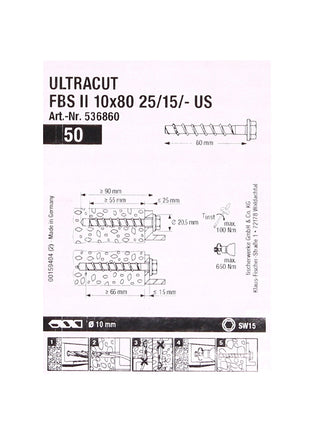 Fischer tornillos para hormigón ULTRACUT FBS II 10x80mm 25/15/- 50 piezas cabeza hexagonal SW15 (536860)