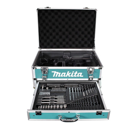 Taladro percutor inalámbrico Makita HP 457 DWEX4 18V 42Nm Serie G + 2x baterías 1,5Ah + cargador + juego de brocas 70 piezas + estuche