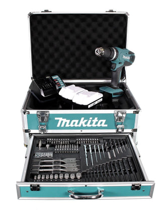 Makita HP 457 DWEX4 Perceuse-visseuse à percussion sans fil 18V 42Nm G-Serie + 2x Batteries 1,5Ah + Chargeur + 70 Forets et bits + Coffret