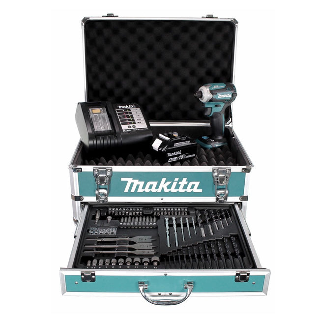 Makita DTD 171 SMX4 llave de impacto a batería 18 V 180 Nm 1/4" sin escobillas + 1x batería 4,0 Ah + cargador + juego de brocas de 70 piezas + estuche