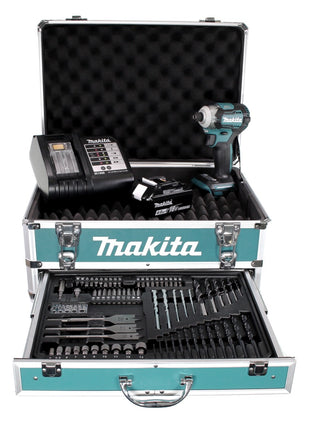 Clé à chocs sans fil Makita DTD 170 SMX4 18V 175Nm sans balais + 1x batterie 4,0Ah + chargeur + 70 pièces. Coffret forets + coffret