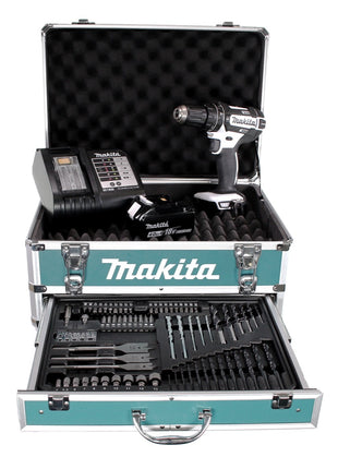 Taladro percutor inalámbrico Makita DHP 482 W SMX4 18 V 62 Nm + 1x batería 4,0Ah + cargador + 70 piezas. Juego de brocas + estuche