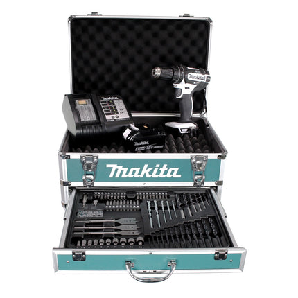 Taladro percutor inalámbrico Makita DHP 482 W SMX4 18 V 62 Nm + 1x batería 4,0Ah + cargador + 70 piezas. Juego de brocas + estuche