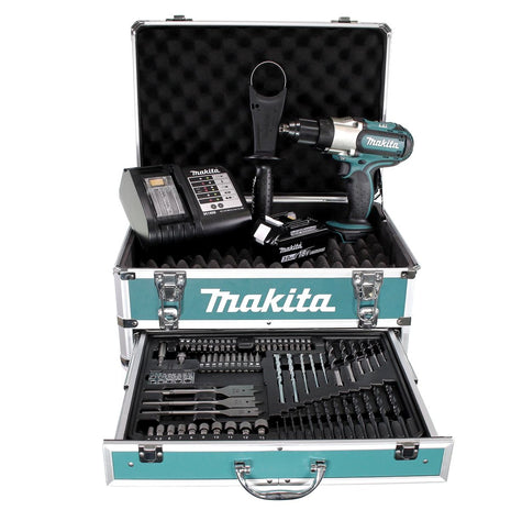 Makita DDF 451 SFX4 Perceuse-visseuse sans fil 18V 80Nm + 1x batterie 3,0Ah + chargeur + 70tlg. Jeu de forets à embouts + Coffret