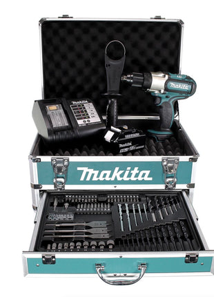 Taladro atornillador inalámbrico Makita DDF 451 STX4 18 V 80 Nm + 1x batería 5,0 Ah + cargador + 70 piezas. Juego de brocas + estuche