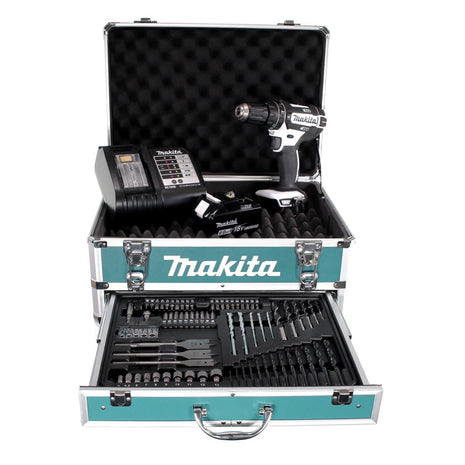 Taladro percutor inalámbrico Makita DHP 482 W SGX4 18 V 62Nm + 1x batería 6,0Ah + cargador + 70 piezas. Juego de brocas + estuche