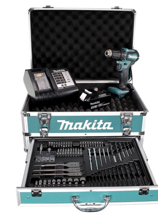 Taladro atornillador inalámbrico Makita DDF 483 SFX4 18 V 40 Nm sin escobillas + 1x batería 3,0 Ah + cargador + 70 piezas. Juego de brocas + estuche