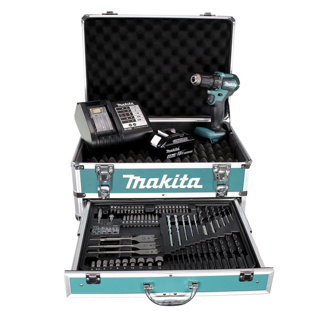 Taladro atornillador inalámbrico Makita DDF 483 SMX4 18 V 40 Nm sin escobillas + 1x batería 4,0 Ah + cargador + 70 piezas. Juego de brocas + estuche