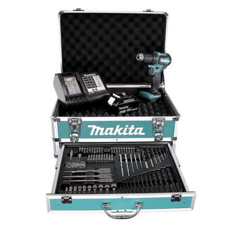 Makita DDF 483 SMX4 Akku Bohrschrauber 18V 40Nm Brushless + 1x Akku 4,0Ah + Ladegerät + 70tlg. Bit Bohrer Set + Koffer