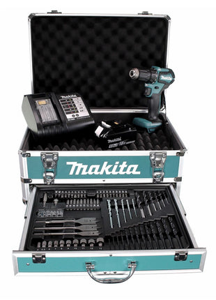 Taladro atornillador inalámbrico Makita DDF 483 STX4 18 V 40 Nm sin escobillas + 1x batería 5,0 Ah + cargador + 70 piezas. Juego de brocas + estuche