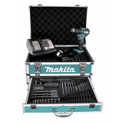 Taladro atornillador inalámbrico Makita DDF 483 STX4 18 V 40 Nm sin escobillas + 1x batería 5,0 Ah + cargador + 70 piezas. Juego de brocas + estuche