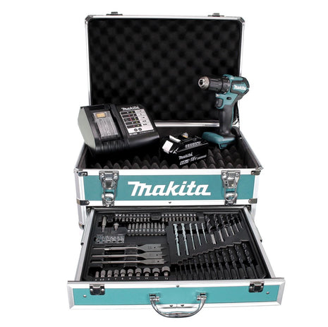 Taladro atornillador inalámbrico Makita DDF 483 SGX4 18 V 40 Nm sin escobillas + 1x batería 6,0 Ah + cargador + 70 piezas. Juego de brocas + estuche