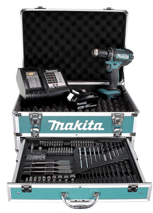 Perceuse-visseuse sans fil Makita DDF 482 SFX4 18 V 62Nm + 1x batterie 3,0Ah + chargeur + 70 pièces. Coffret forets + coffret