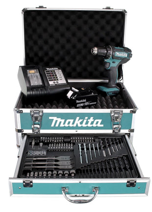 Taladro atornillador inalámbrico Makita DDF 482 STX4 18 V 62 Nm + 1x batería 5,0 Ah + cargador + 70 piezas. Juego de brocas + estuche