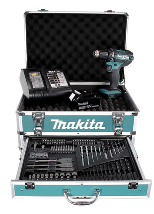 Perceuse-visseuse sans fil Makita DDF 482 SGX4 18 V 62 Nm + 1x batterie 6,0 Ah + chargeur + 70 pièces. Coffret forets + coffret