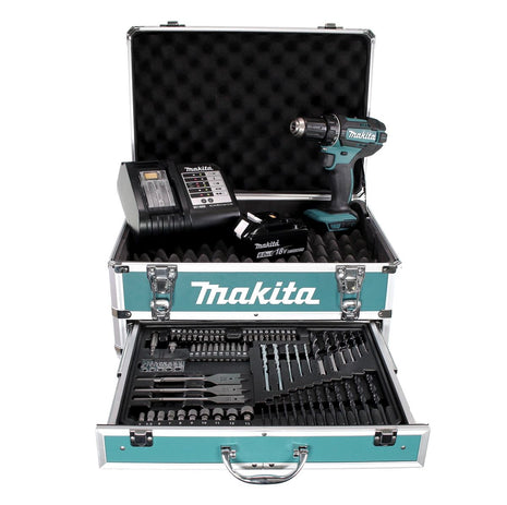 Taladro atornillador inalámbrico Makita DDF 482 SGX4 18 V 62 Nm + 1x batería 6,0 Ah + cargador + 70 piezas. Juego de brocas + estuche