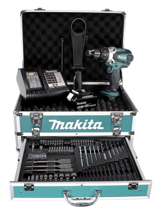 Taladro percutor inalámbrico Makita DHP 458 SFX4 18 V 91Nm + 1x batería 3,0Ah + cargador + 70 piezas. Juego de brocas + estuche