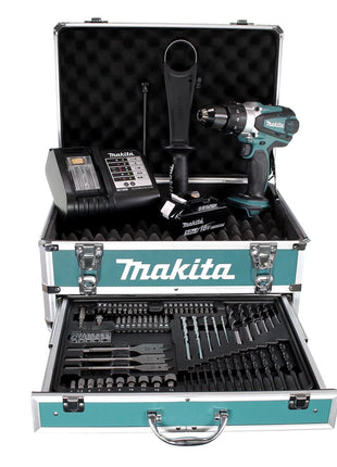 Taladro percutor inalámbrico Makita DHP 458 STX4 18 V 91Nm + 1x batería 5,0Ah + cargador + 70 piezas. Juego de brocas + estuche