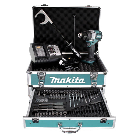 Taladro percutor inalámbrico Makita DHP 481 SMX4 18 V 115Nm + 1x batería 4,0Ah + cargador + 70 piezas. Juego de brocas + estuche