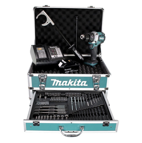 Taladro percutor inalámbrico Makita DHP 481 STX4 18 V 115Nm + 1x batería 5,0Ah + cargador + 70 piezas. Juego de brocas + estuche