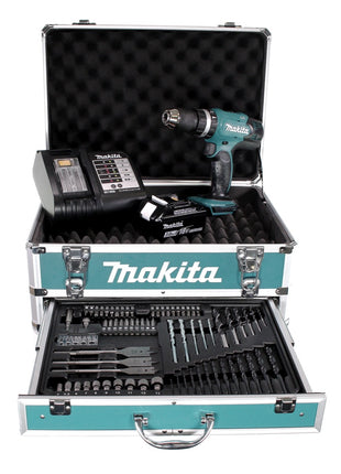 Taladro percutor inalámbrico Makita DHP 453 SFX4 18 V 42Nm + 1x batería 3.0Ah + cargador + 70 piezas. Juego de brocas + estuche