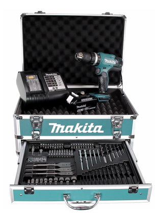 Perceuse à percussion sans fil Makita DHP 453 STX4 18 V 42 Nm + 1x batterie 5,0 Ah + chargeur + 70 pièces. Coffret forets + coffret