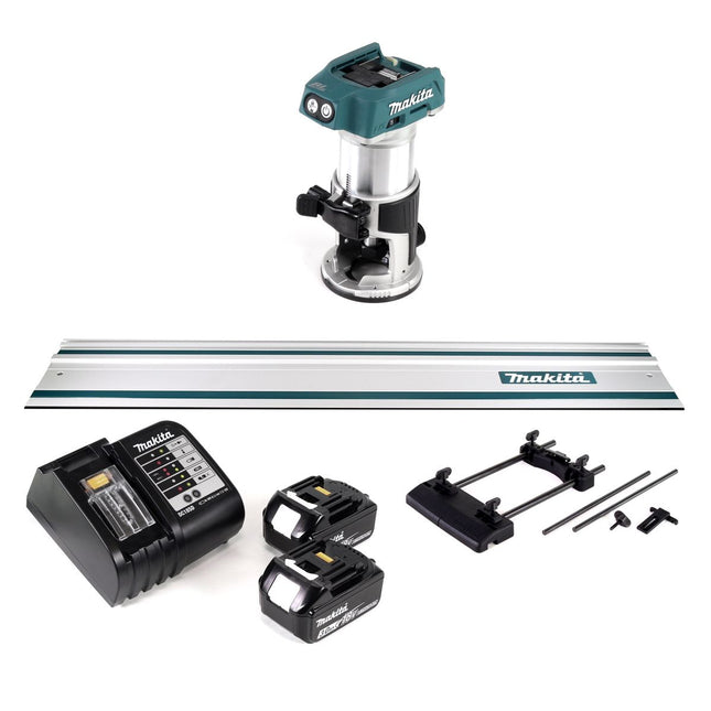 Fresadora multifunción sin cable Makita DRT 50 SF 18V sin escobillas + 2x batería recargable 3.0Ah + cargador + adaptador carril guía + carril guía 1000mm